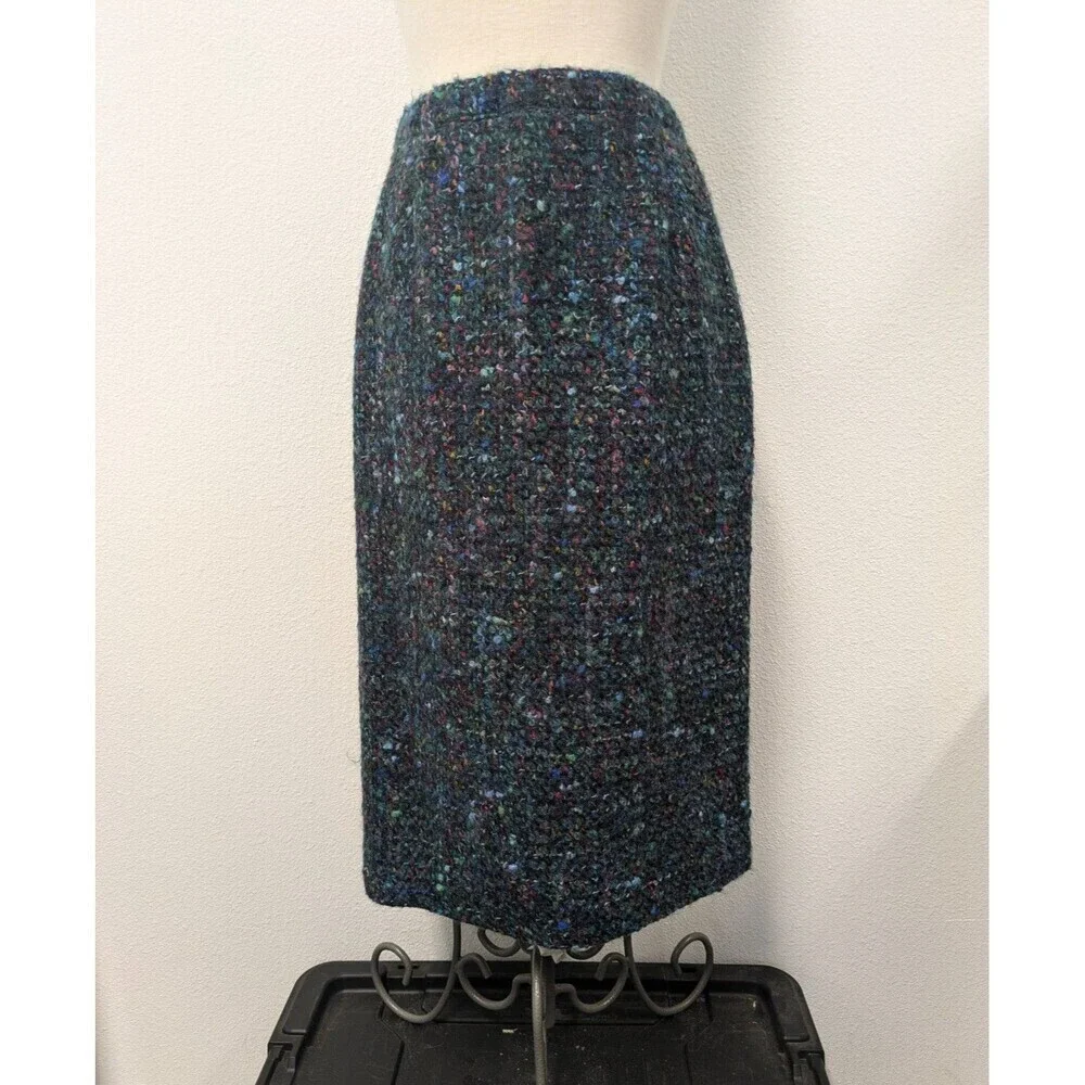 Vintage Y2K Blue Multicolored Rainbow Wool Blend Tweed Boucle Pencil Skirt sz XS